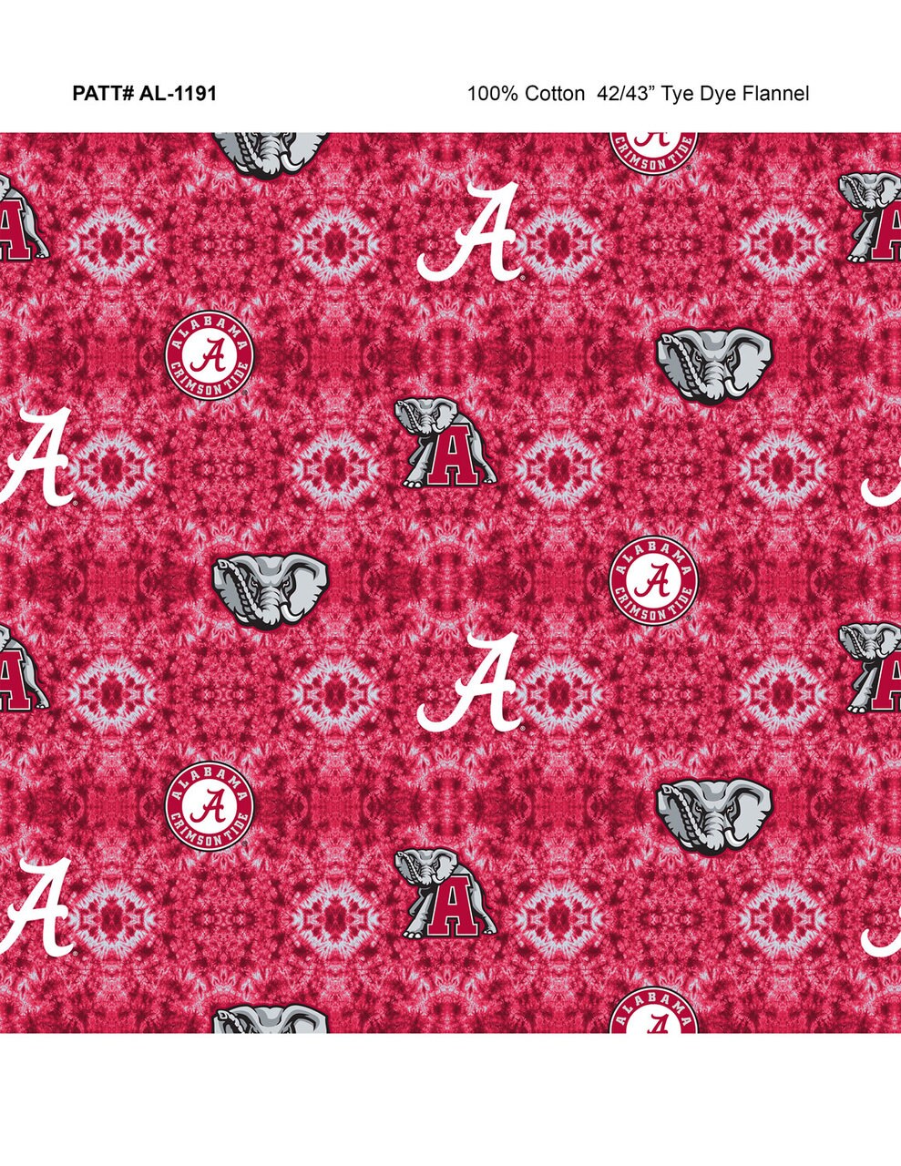 Sykel Enterprises-University of Alabama Flannel Fabric-Alabama Crimson Tide Tie Dye Cotton Flannel Fabric
